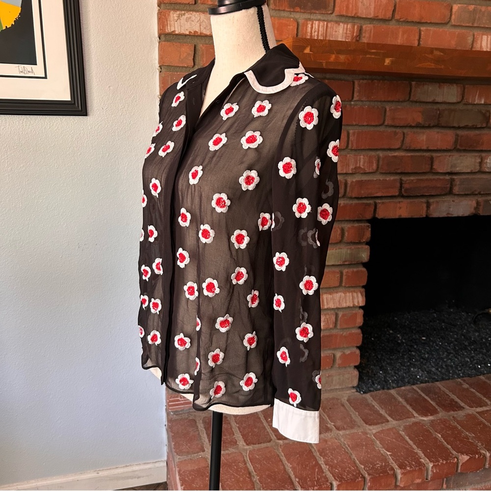 Alice + Olivia Willa Floral Embellished Scalloped Collar Placket Top Black Sz S - Picture 9 of 15